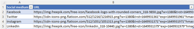 Excel tabel met URL van afbeeldingen