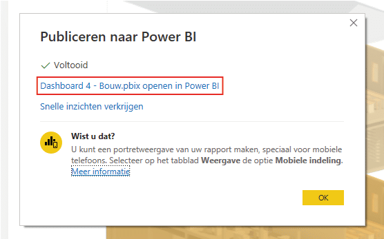URL gepubliceerde Power BI dashboard openen