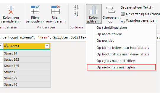 Kolom splitsen op niet-cijfers naar cijfers in Power BI