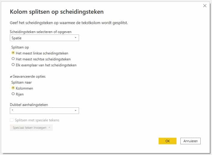 Instellingen voor het splitsen van een kolom in Power BI